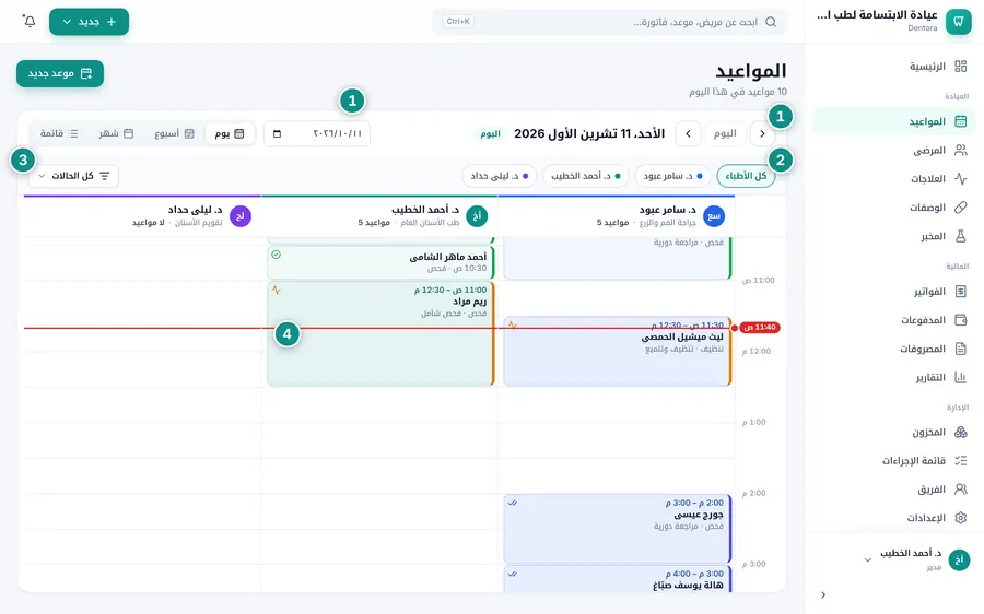 تقويم المواعيد في عرض يوم: عمود لكل طبيب، والمواعيد بطاقات ملونة، والخط الأحمر عند الوقت الحالي