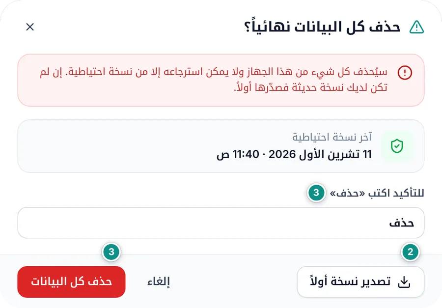 نافذة حذف كل البيانات نهائياً: تحذير، وتاريخ آخر نسخة احتياطية، وخانة كتابة كلمة حذف، وزر تصدير نسخة أولاً