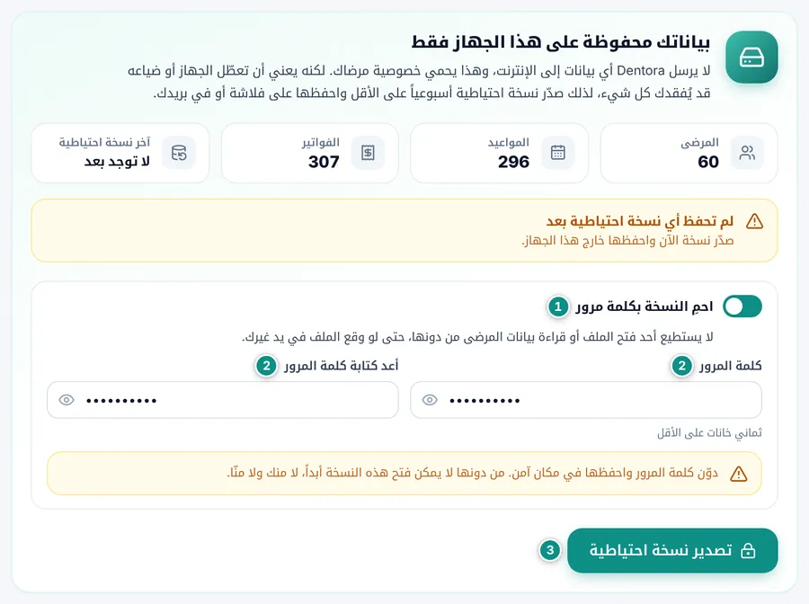 خيار احمِ النسخة بكلمة مرور مفعّلاً، مع خانتي كلمة المرور وتنبيه بأن النسخة لا تُفتح أبداً من دونها، وزر تصدير نسخة احتياطية