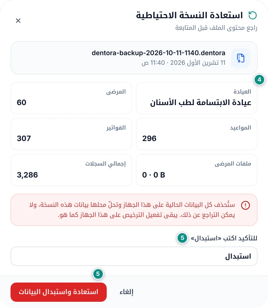 نافذة استعادة النسخة الاحتياطية: اسم الملف وتاريخه، واسم العيادة وعدد المرضى والمواعيد والفواتير والسجلات، وتحذير بأنها تحلّ محل كل البيانات، وخانة كتابة كلمة استبدال