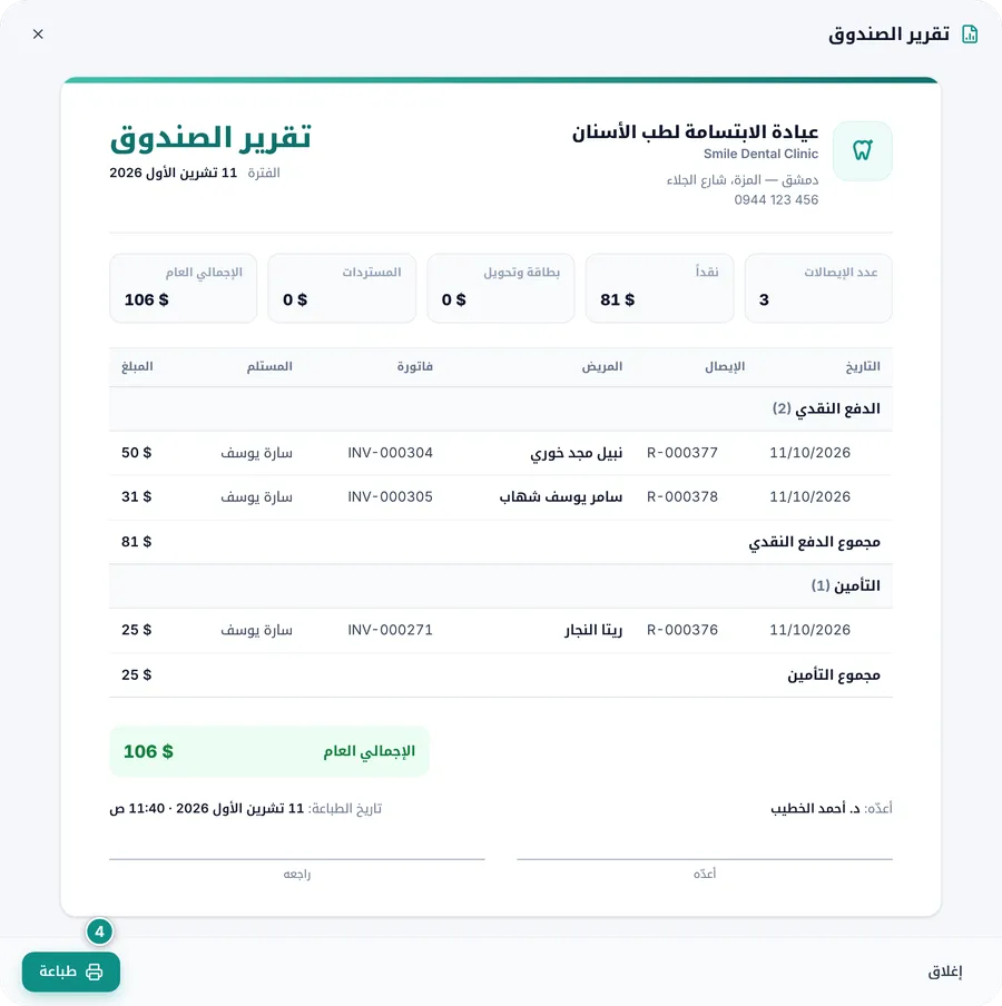 تقرير الصندوق لليوم: الإيصالات مجمعة حسب طريقة الدفع مع المجاميع والإجمالي العام
