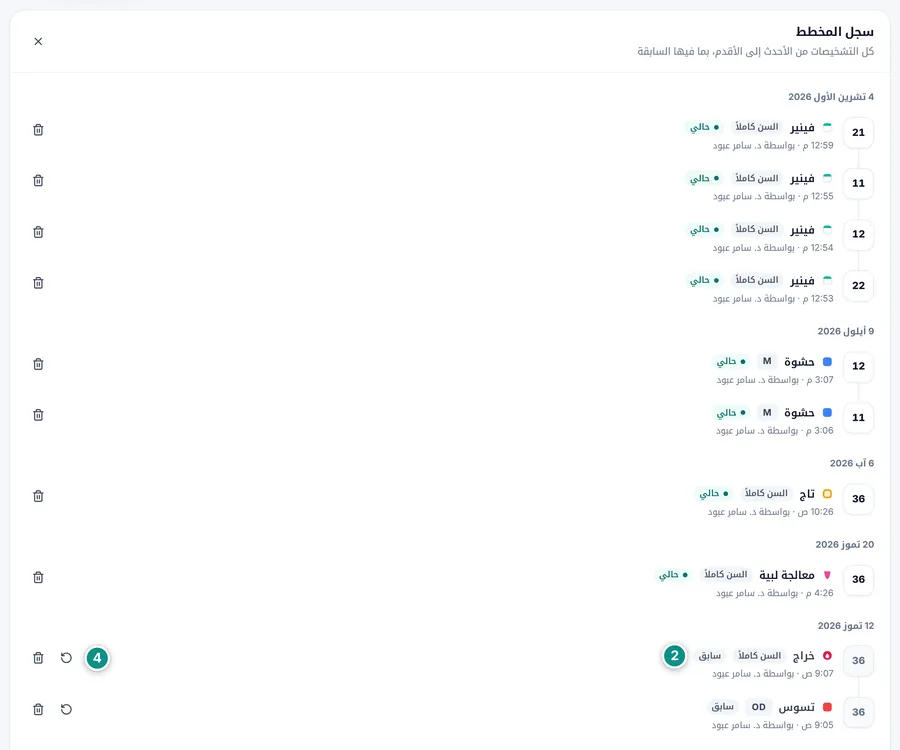سجل المخطط: التشخيصات مجمّعة حسب اليوم مع شارات حالي وسابق وأزرار الاستعادة والحذف