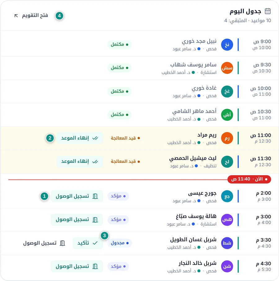جدول اليوم مع خط الآن وأزرار تسجيل الوصول وبدء الجلسة وإنهاء الموعد