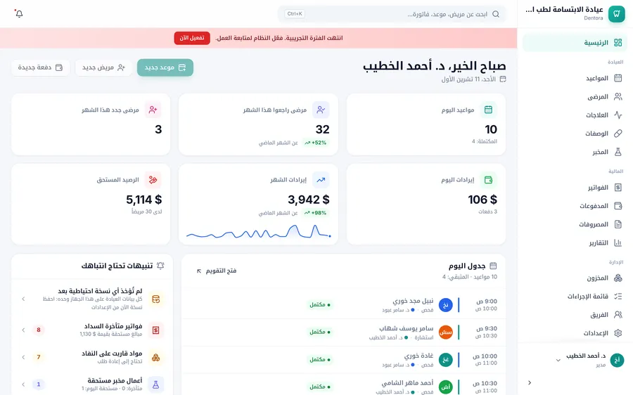 الشاشة الرئيسية بعد انتهاء الفترة التجريبية: الشريط الأحمر «انتهت الفترة التجريبية. فعّل النظام لمتابعة العمل.» مع زر تفعيل الآن، والأرقام والجدول ظاهرة، وزر جديد مختفٍ