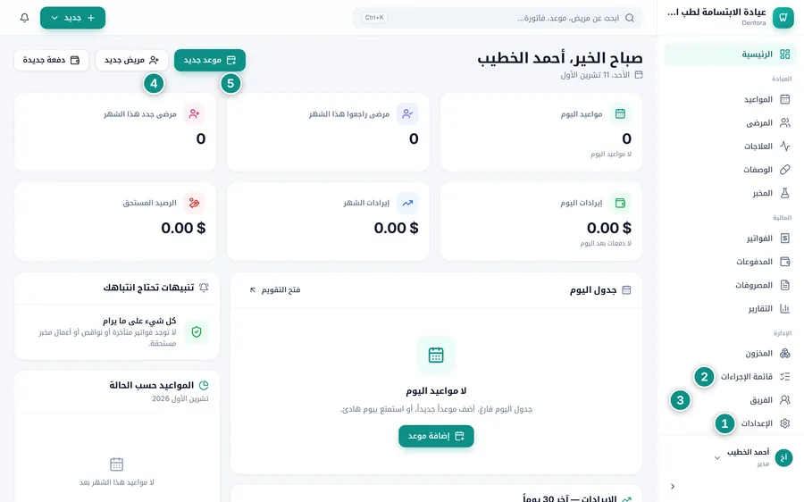 الشاشة الرئيسية لعيادة جديدة فارغة بعد الإعداد
