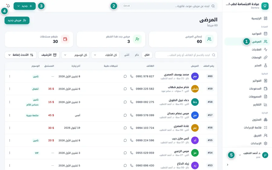 صفحة المرضى مع القائمة الجانبية والشريط العلوي