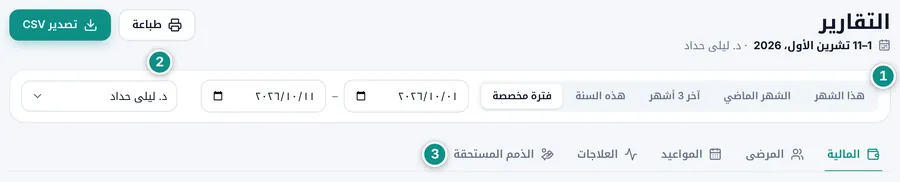 شريط الفترة على فترة مخصصة بتاريخين، وطبيب مختار من قائمة الأطباء، والفترة واسم الطبيب تحت عنوان الصفحة