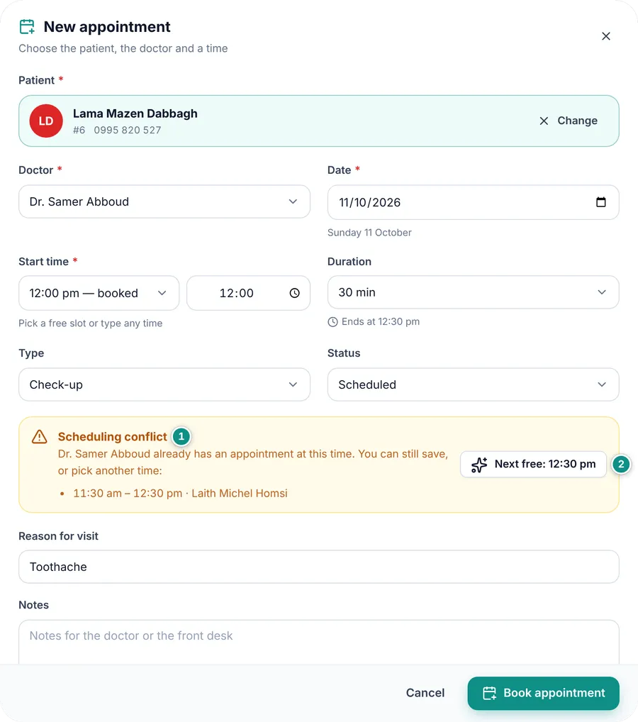 The “Scheduling conflict” warning in the appointment form with the overlapping appointment and the Next free button