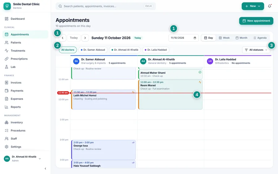 The appointments calendar in Day view: a column per doctor, appointments as coloured cards, and the red line at the current time