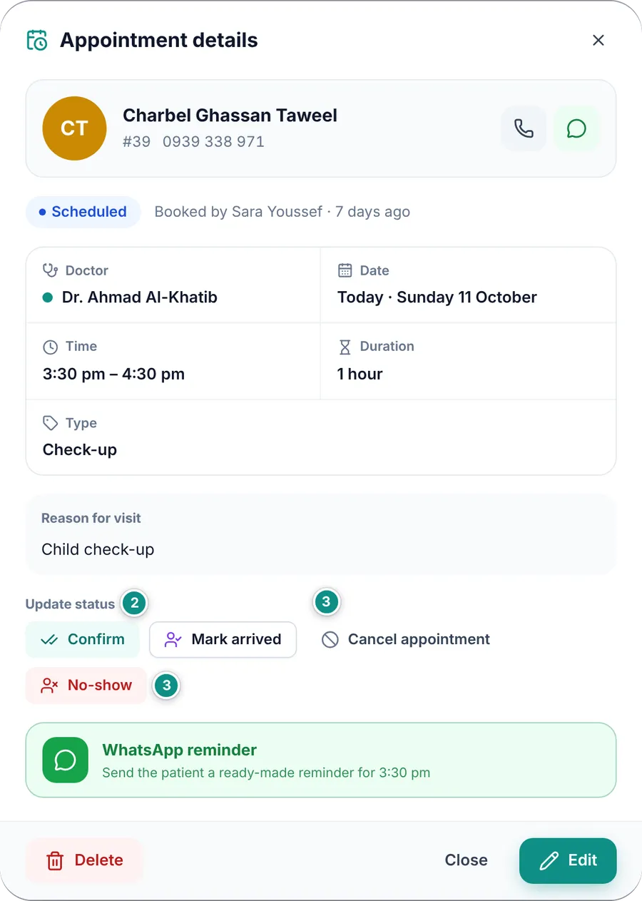 The appointment details window: patient, doctor, time, the status buttons and the WhatsApp reminder