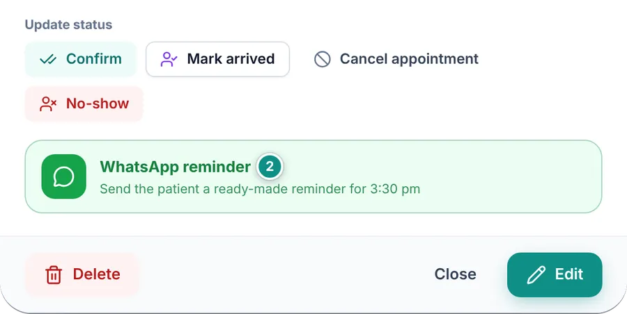 The WhatsApp reminder button in the details of an upcoming appointment