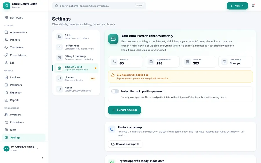The backup page: your data lives on this device only, the numbers of patients, appointments and invoices, a yellow notice that no backup has been saved yet, password protection and the Export backup button