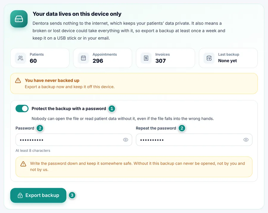 Protect the backup with a password turned on, with the two password boxes, a warning that the backup can never be opened without it, and the Export backup button