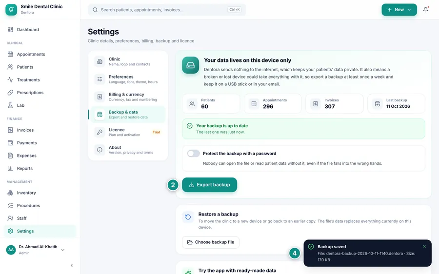 After saving: the Backup saved message with the file’s name and size, a green notice that the backup is up to date, and the last backup date