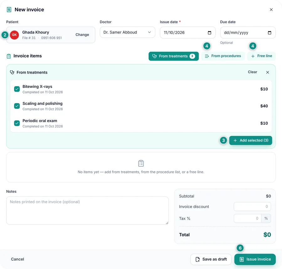 The New invoice window: patient, doctor and dates, and the From treatments panel with three completed treatments ticked