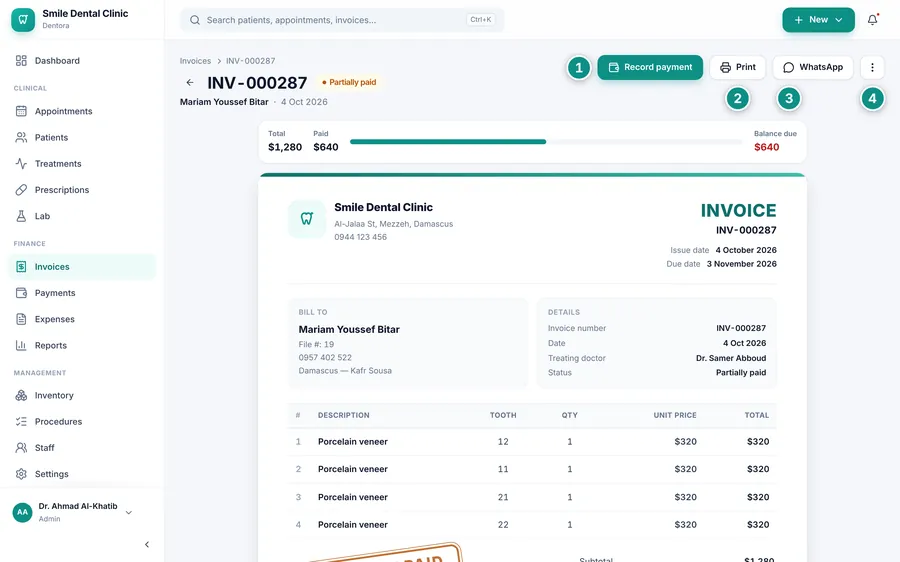 A partly paid invoice: the total / paid / balance bar, the Record payment, Print and WhatsApp buttons, and the invoice sheet