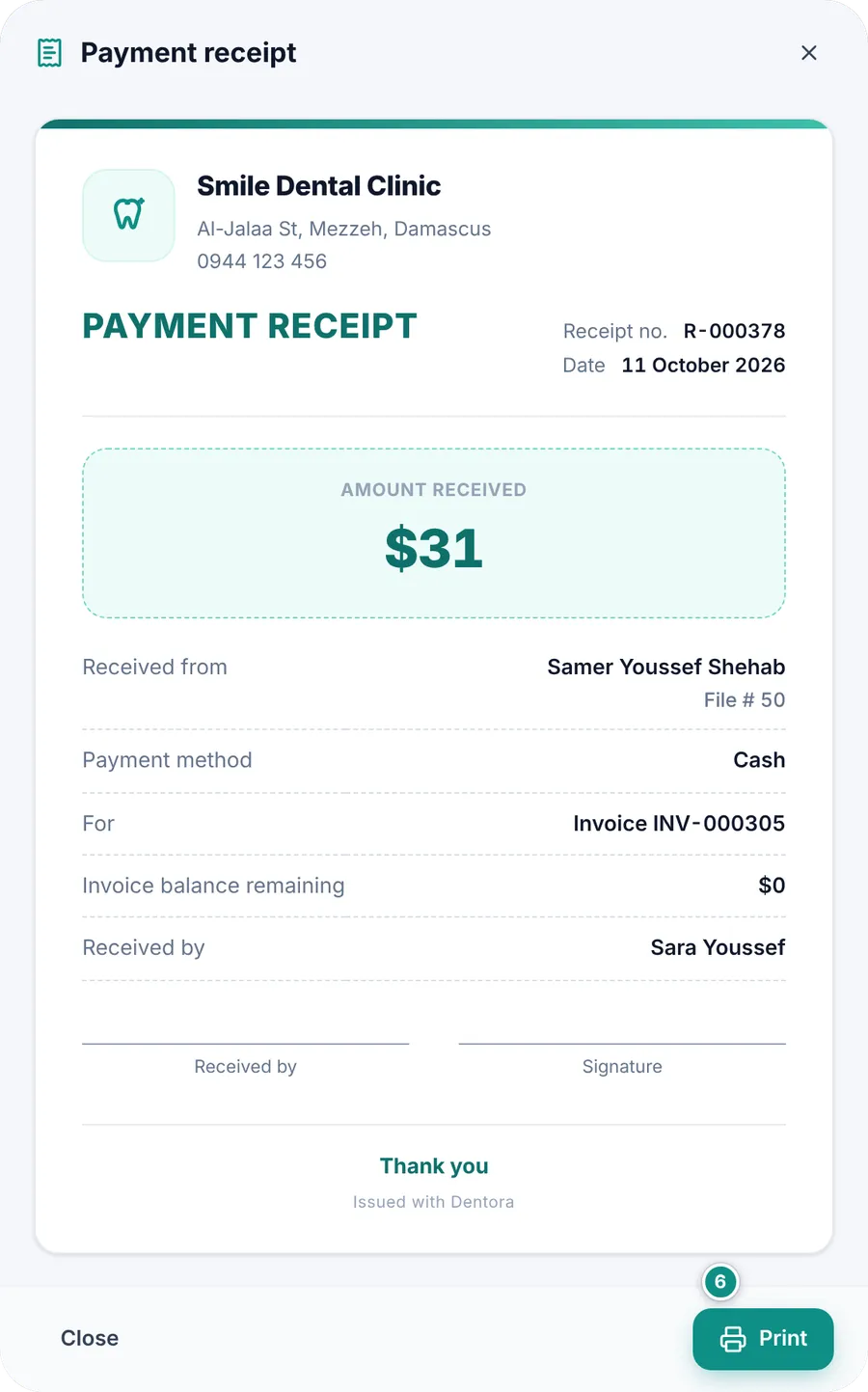 A payment receipt: receipt number, amount, who paid, method and invoice