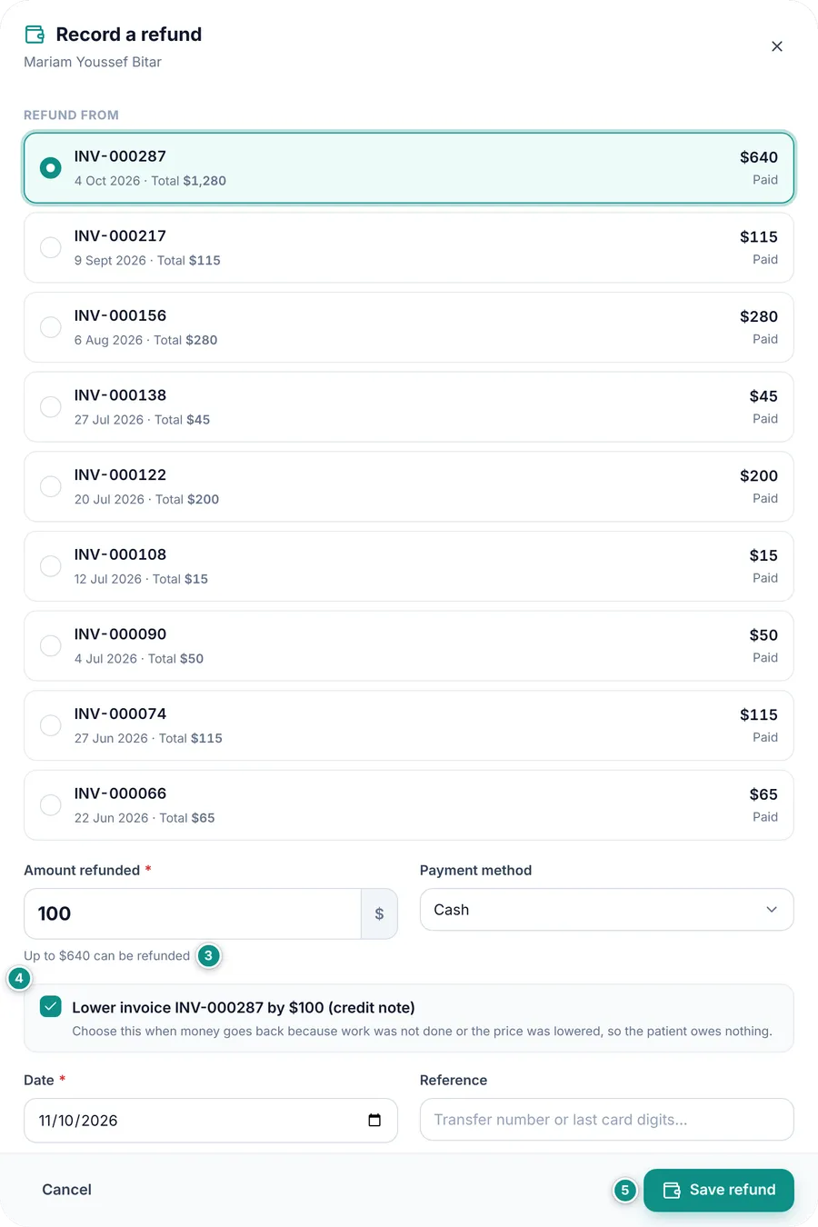 The Record a refund window: the amount refunded, the most that can be refunded, and the credit note option