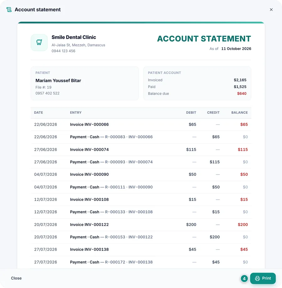 A patient’s account statement: invoices and payments in date order with debit, credit and the balance after each entry