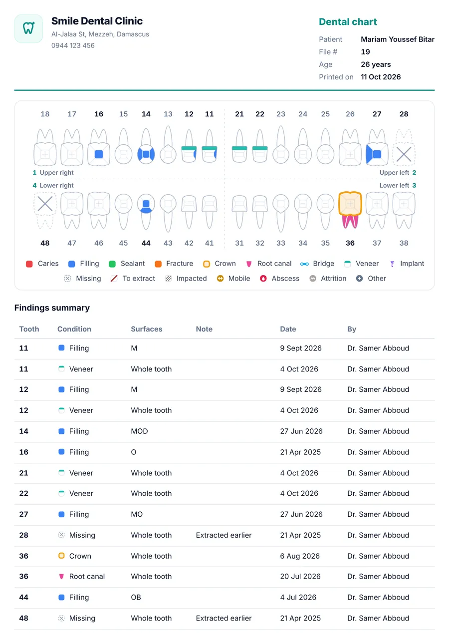 The printed dental chart: clinic header, patient details, the chart and the findings summary table