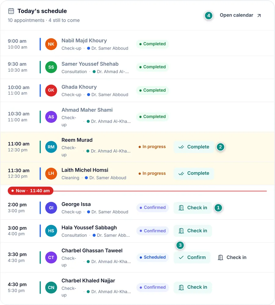Today’s schedule with the Now line and the Check in, Start and Complete buttons