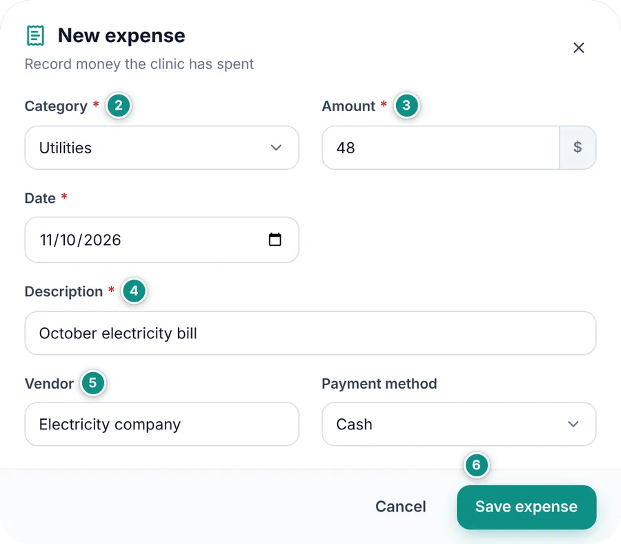 The New expense dialog filled in: category Utilities, amount, date, description, vendor and payment method Cash