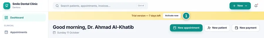The top of the dashboard during the trial: the yellow bar “Trial version — 7 days left” with the Activate now button