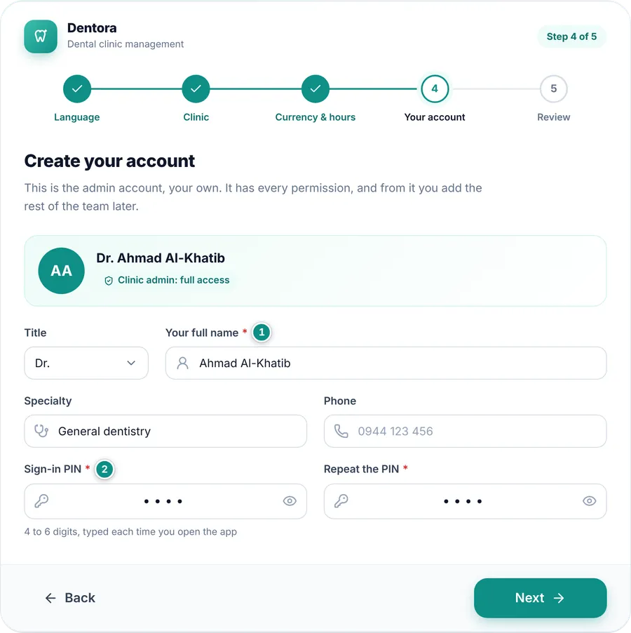 The Your account step: title, name, specialty and sign-in PIN