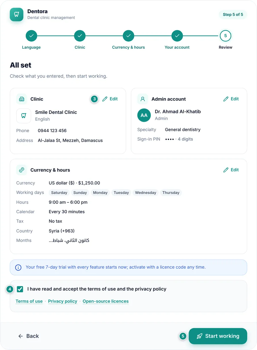 The Review step with the clinic, account and currency cards and the terms checkbox