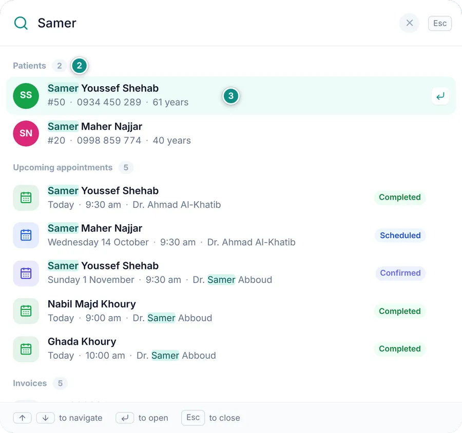 Search results grouped into patients and upcoming appointments