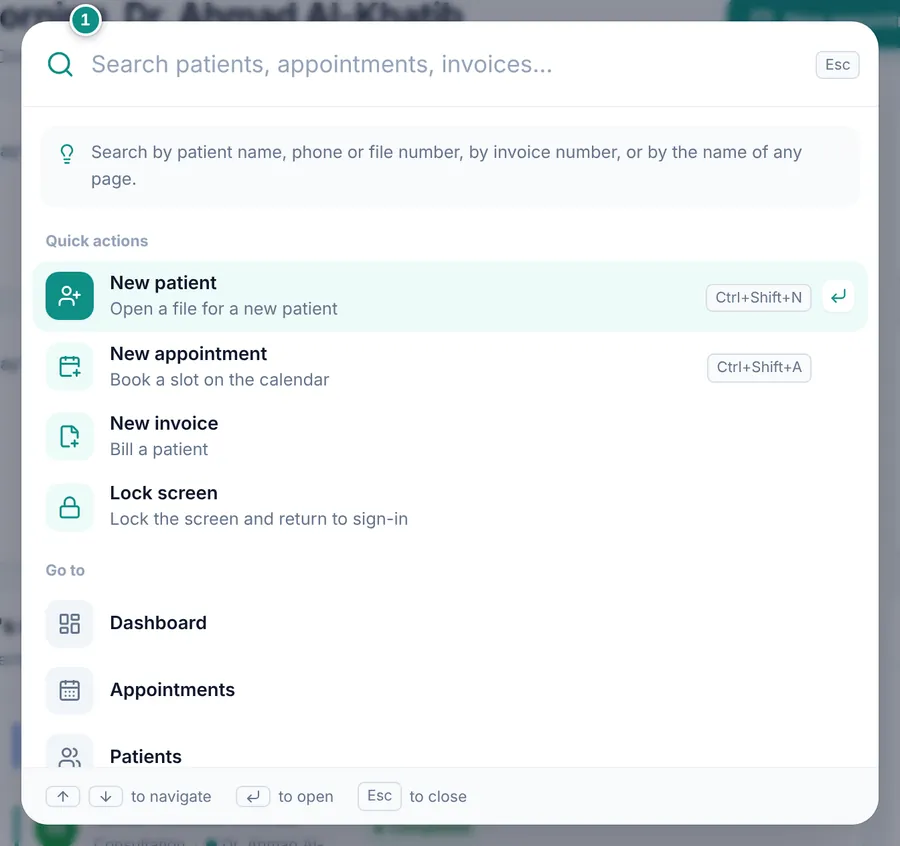 The quick search window before typing: quick actions and page links