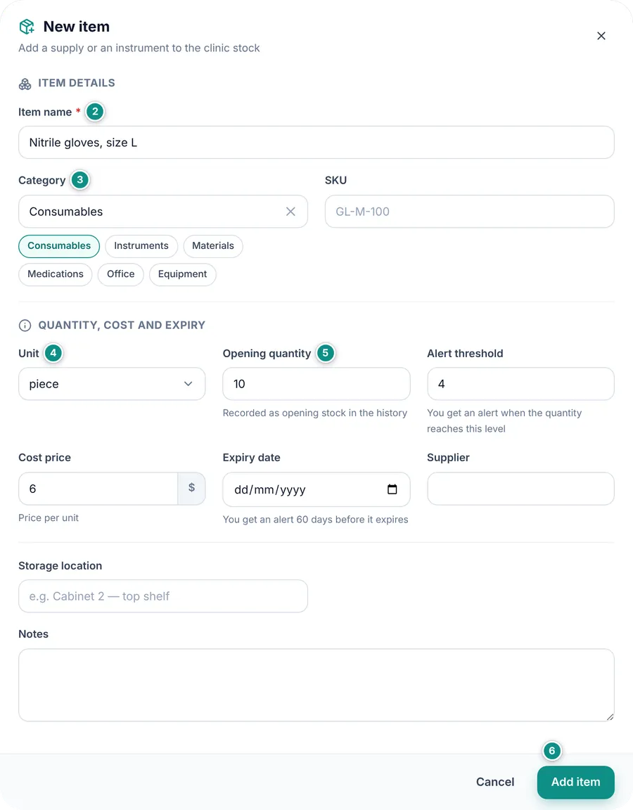 The New item dialog: item name, category with its ready buttons and SKU, then unit, opening quantity, alert threshold, cost price, expiry date and supplier