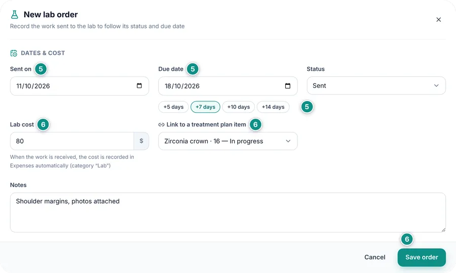 The Dates & cost part of a lab order: sent date, due date, quick day buttons, status, cost and the treatment link