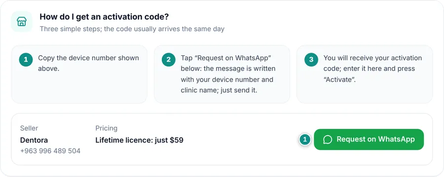 The How do I get an activation code? card with its three steps, the seller’s name, WhatsApp number and price, and the Request on WhatsApp button