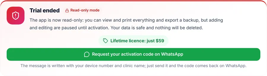 The state card after the trial: Trial ended, a Read-only mode badge, the note that your data is safe and nothing will be deleted, and the Request your activation code on WhatsApp button