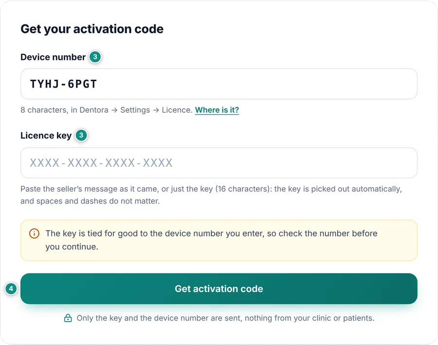 The activation page on the Dentora website: the Device number field already filled in, the Licence key field, the note that the key is tied for good to the device number, and the Get activation code button