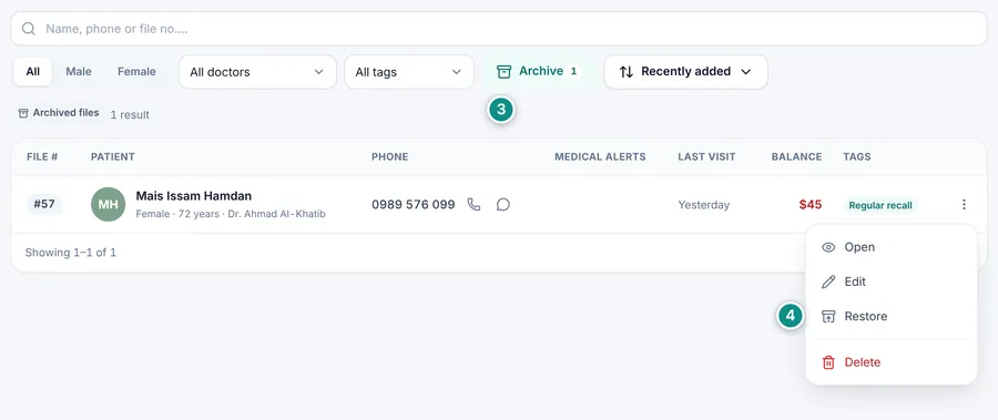 The archived files view with the actions menu open on Restore