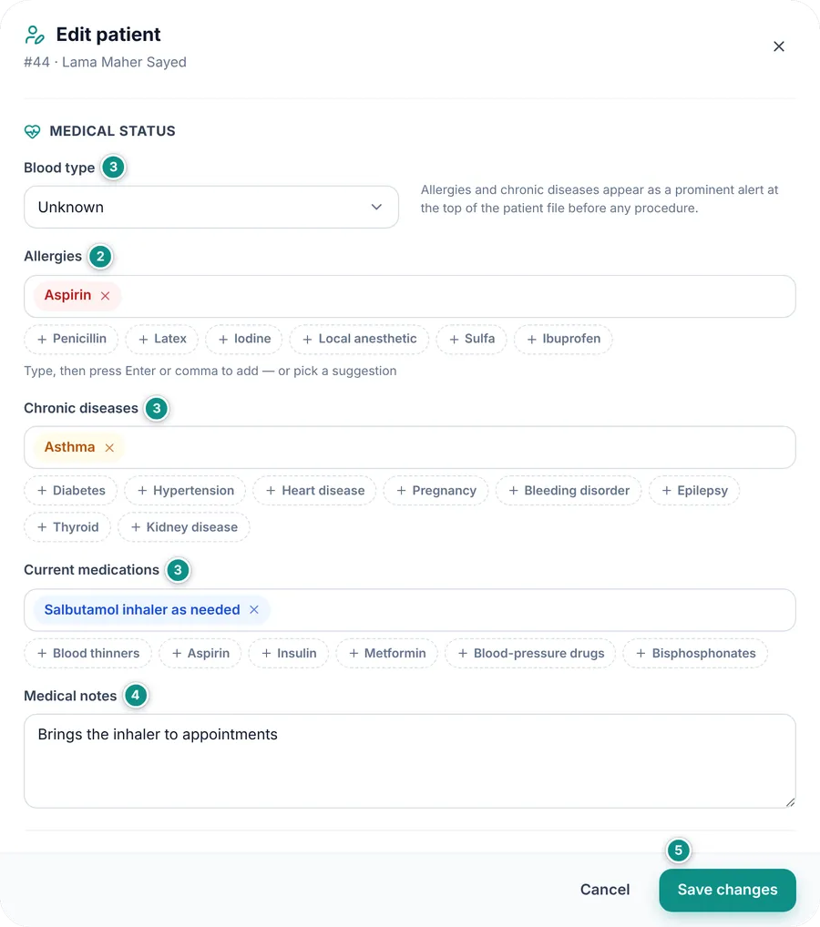 The medical status section of the patient form: blood type, allergies, chronic diseases and medications with ready suggestions
