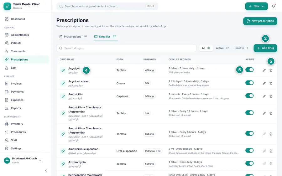 The drug list: Arabic and English names, form, strength, default regimen and the Active switch