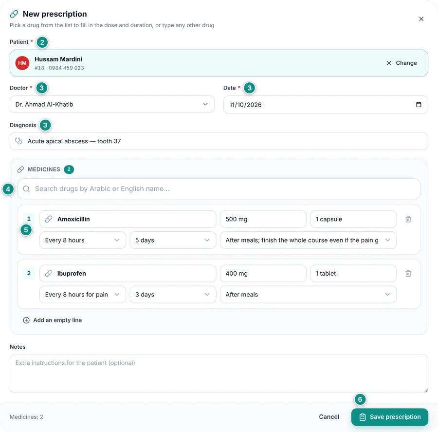 The New prescription window: patient, doctor, date and diagnosis, the drug search box, and two medicines added with their doses