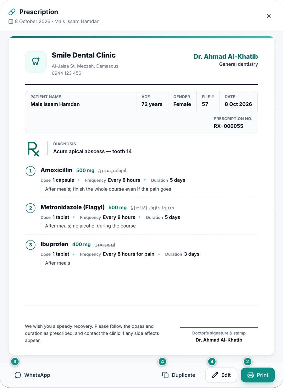A prescription ready to print: letterhead, doctor, patient details, prescription number, diagnosis and medicines, with the WhatsApp, Duplicate, Edit and Print buttons