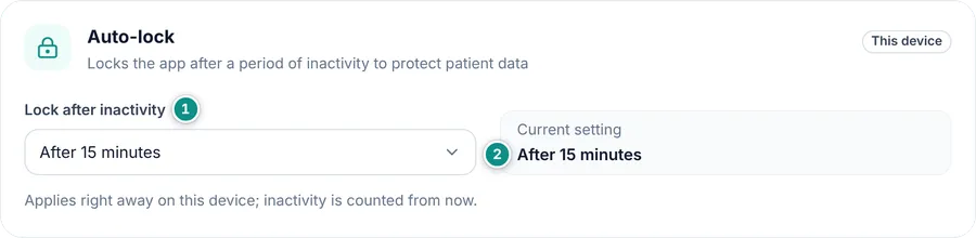 The Auto-lock card: lock after inactivity and the current setting