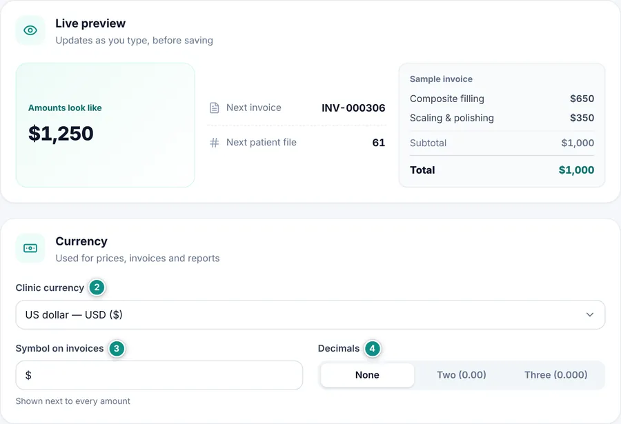 The live preview and the Currency card: clinic currency, symbol and decimals