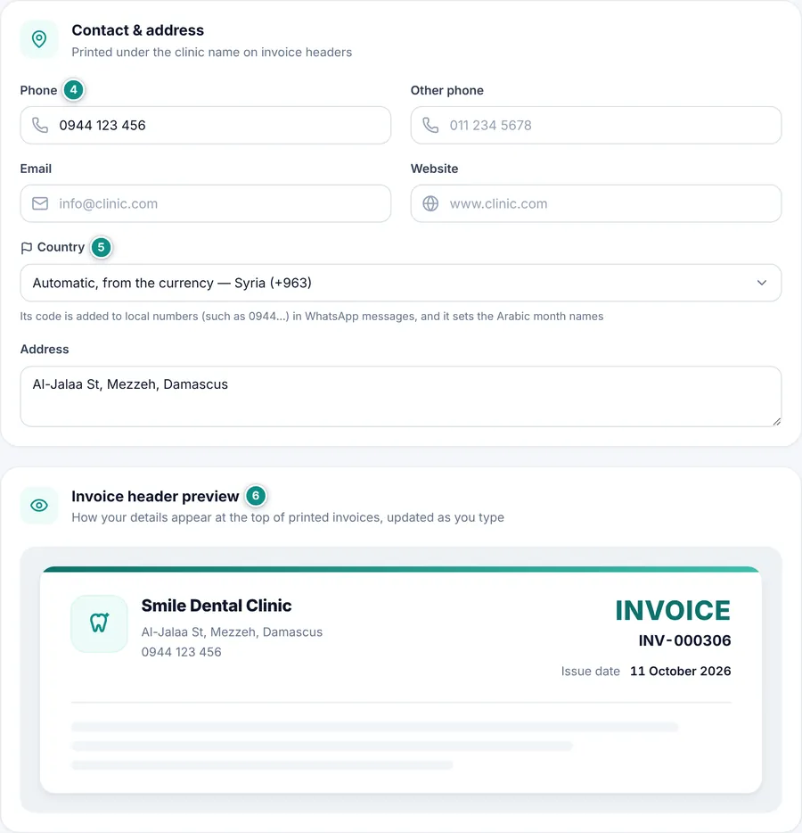 The Contact & address card with the country, and the invoice header preview