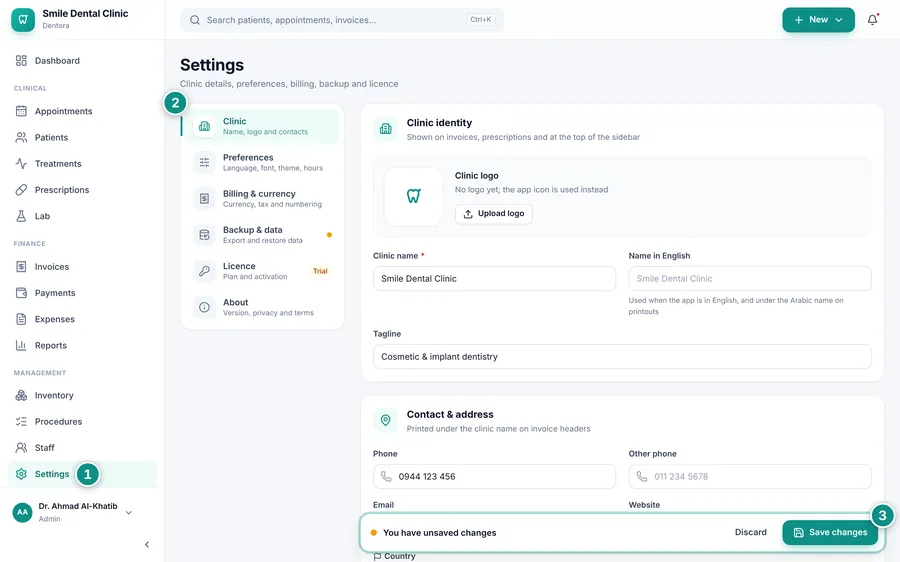 The Settings page on Clinic, with the section list and the save bar