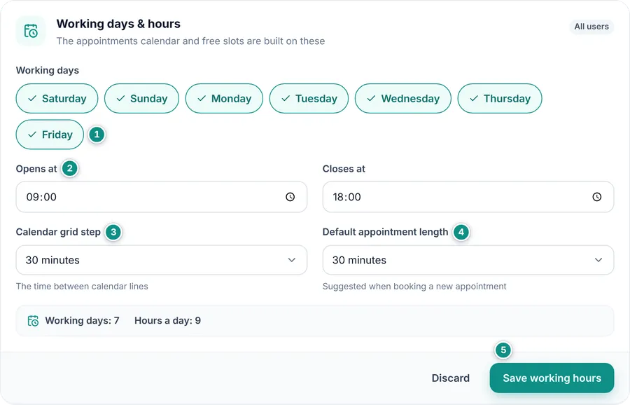 The Working days & hours card with the Save working hours button