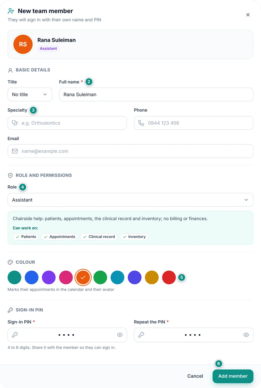The New team member dialog filled in for an assistant: name and title, the role with its description and what it can work on, the colours, and the PIN twice