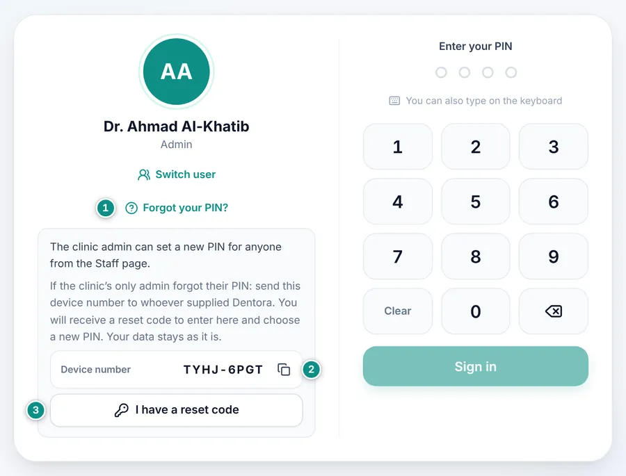 The sign-in screen with the Forgot your PIN? help open under the keypad: the device number with its copy button, and the I have a reset code button