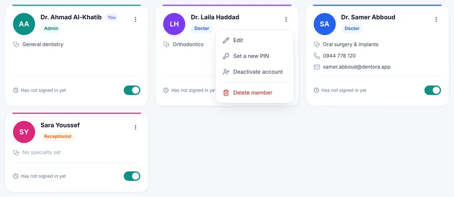 A member’s options menu open on their card: Edit, Set a new PIN, Deactivate account, Delete member