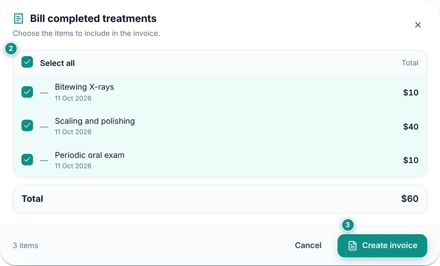 The Bill completed treatments window: three ticked items and the total